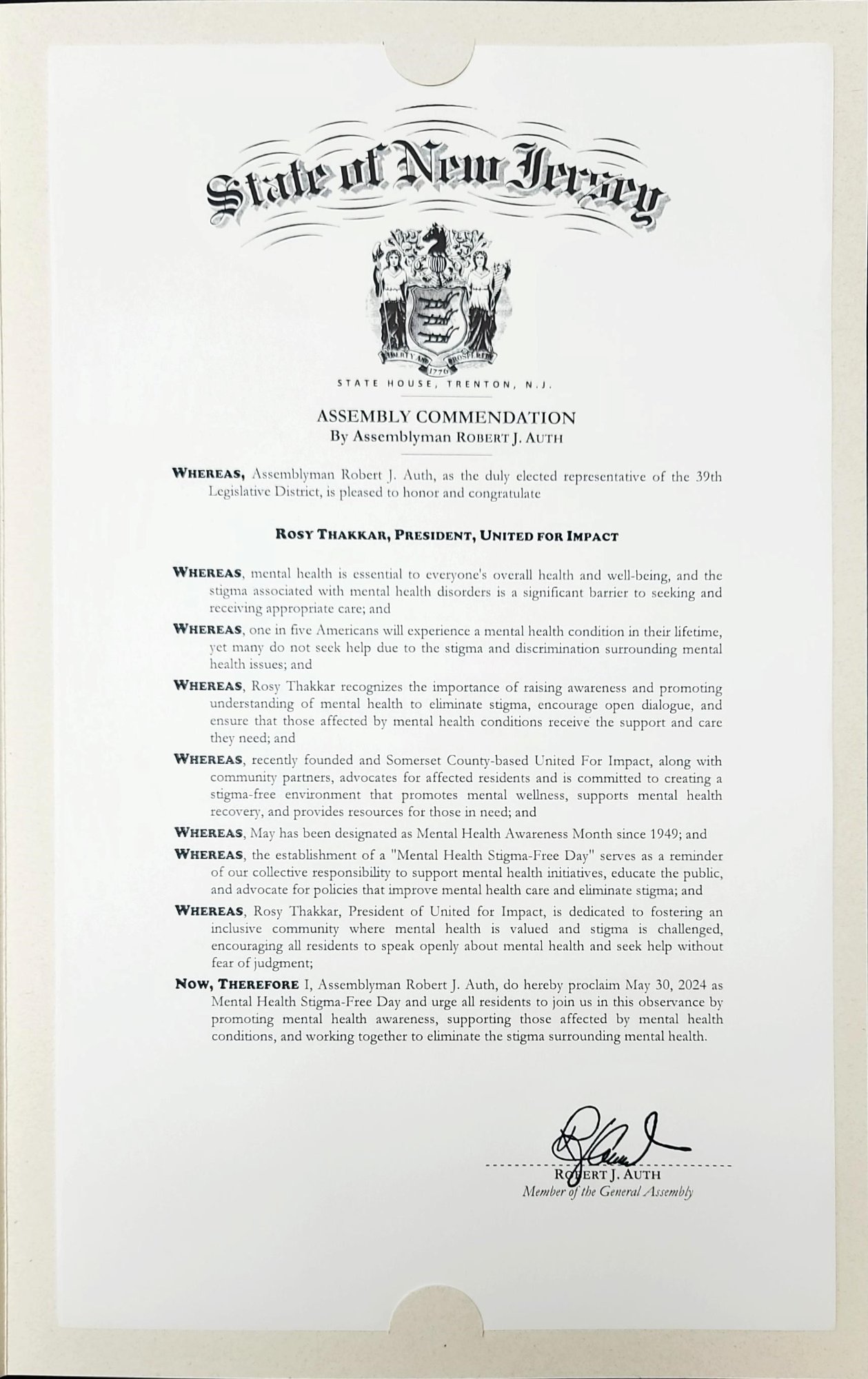 Assembly Commendation by Assemblyman Robert J. Auth