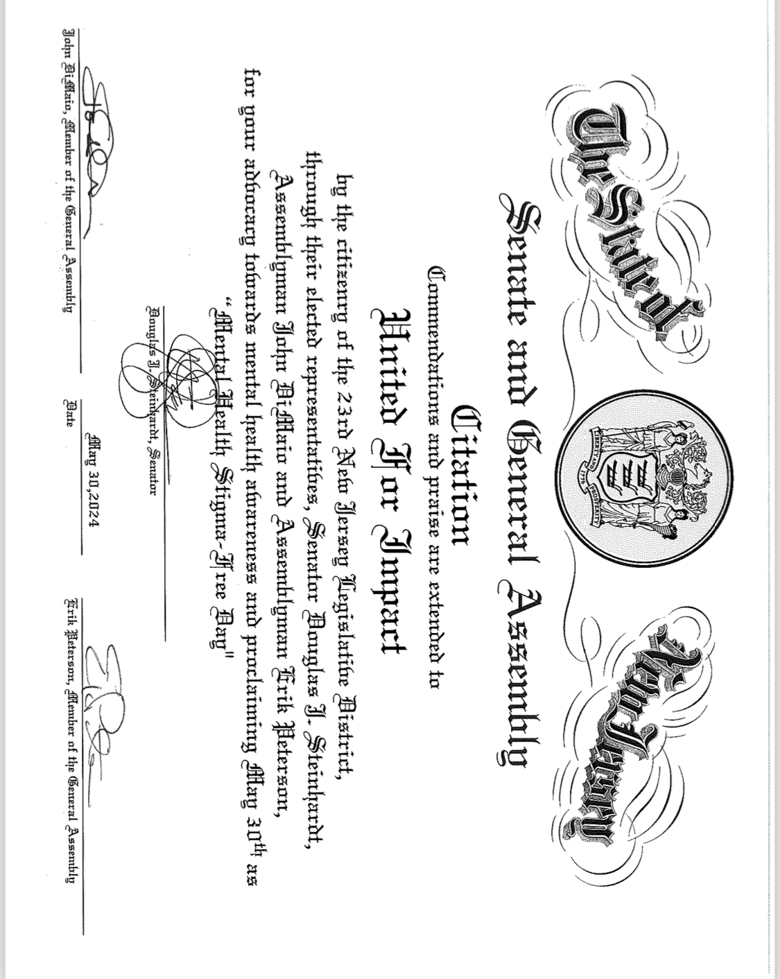 NJ Senate and General Assembly Citation for United For Impact